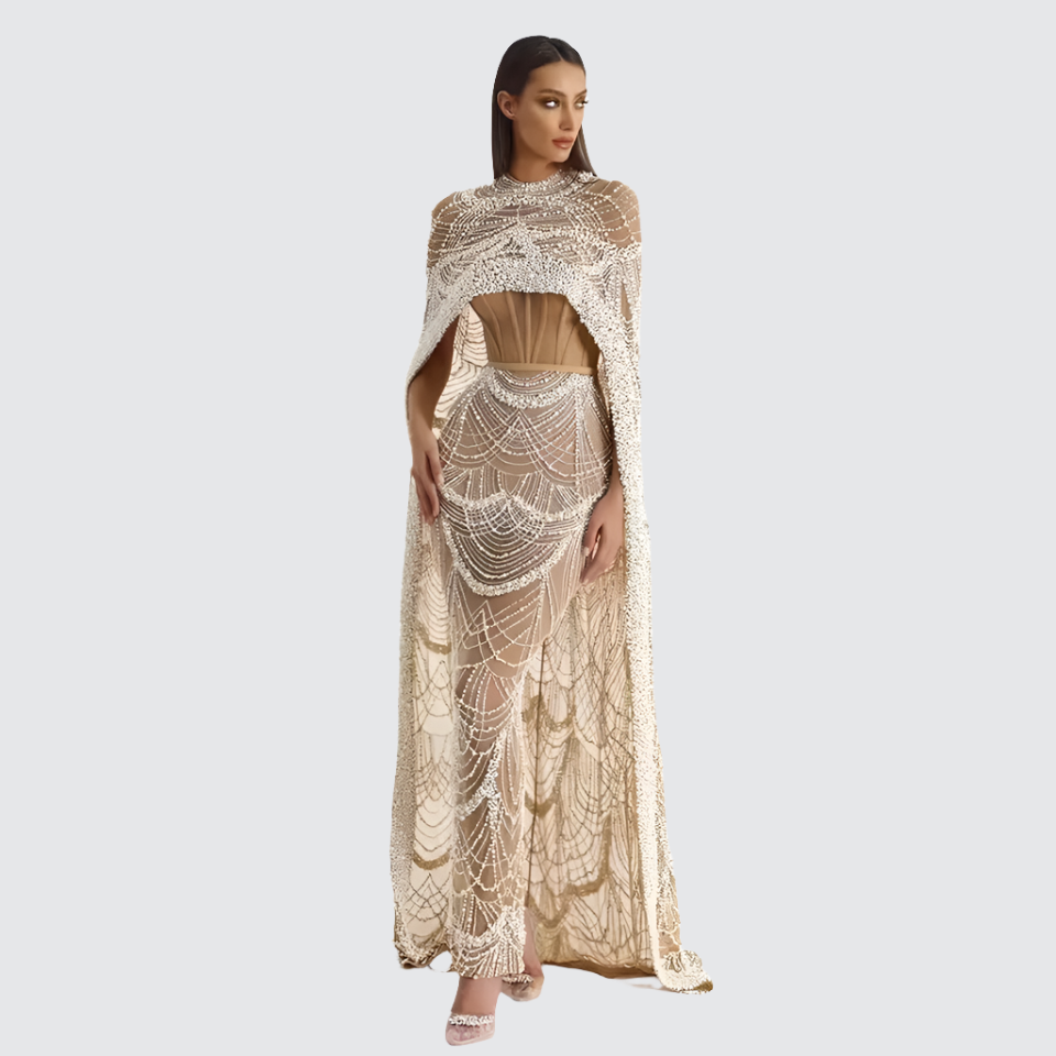 Pearl Mermaid Wedding Cape Evening Party Dress