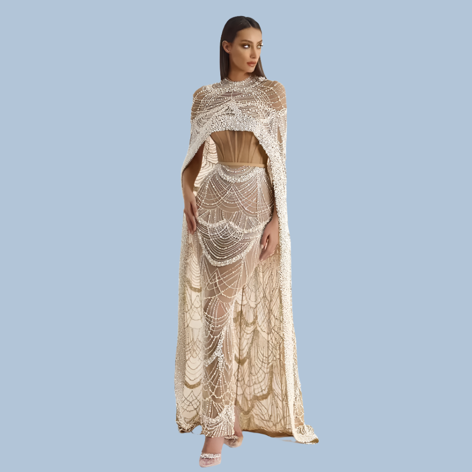 Pearl Mermaid Wedding Cape Evening Party Dress