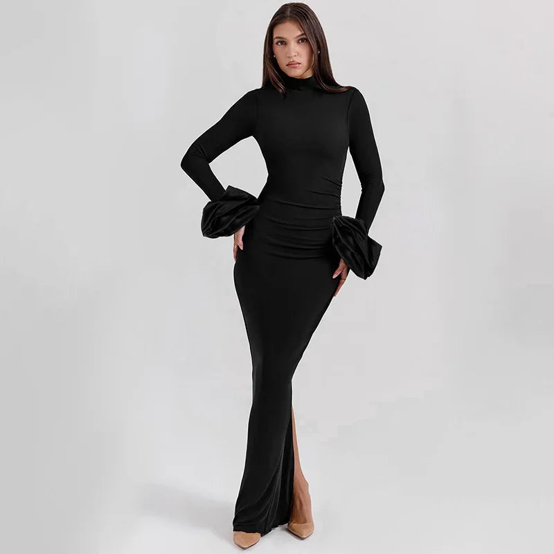 Bubble Long Sleeve Flowy Maxi Dress
