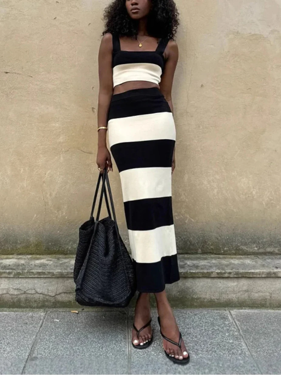 Striped Knit Crop Top Midi Skirt Set Dress
