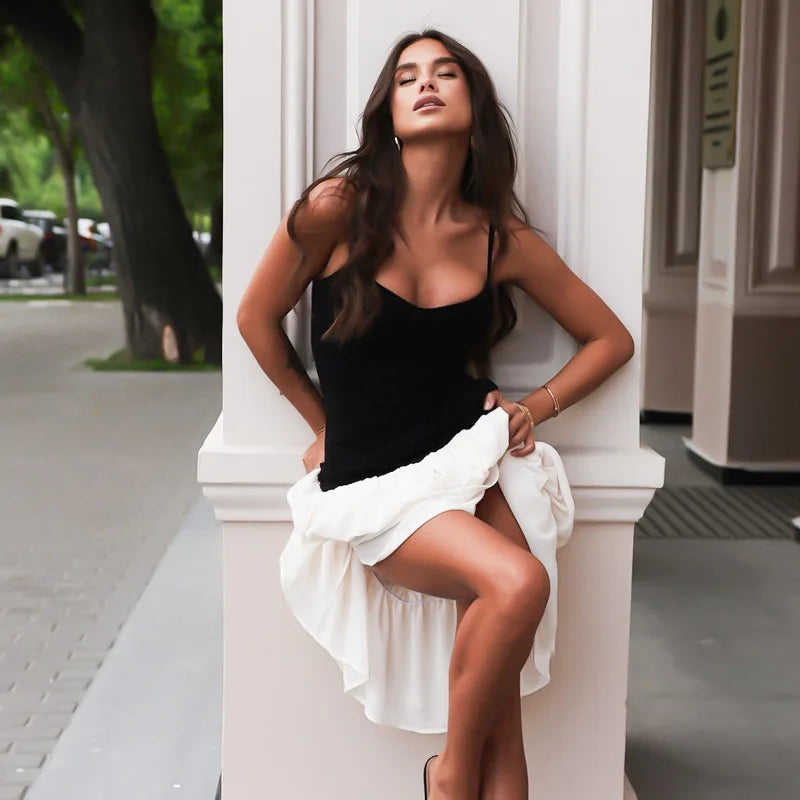 Black Strap White Frill Patchwork Maxi Party Dress