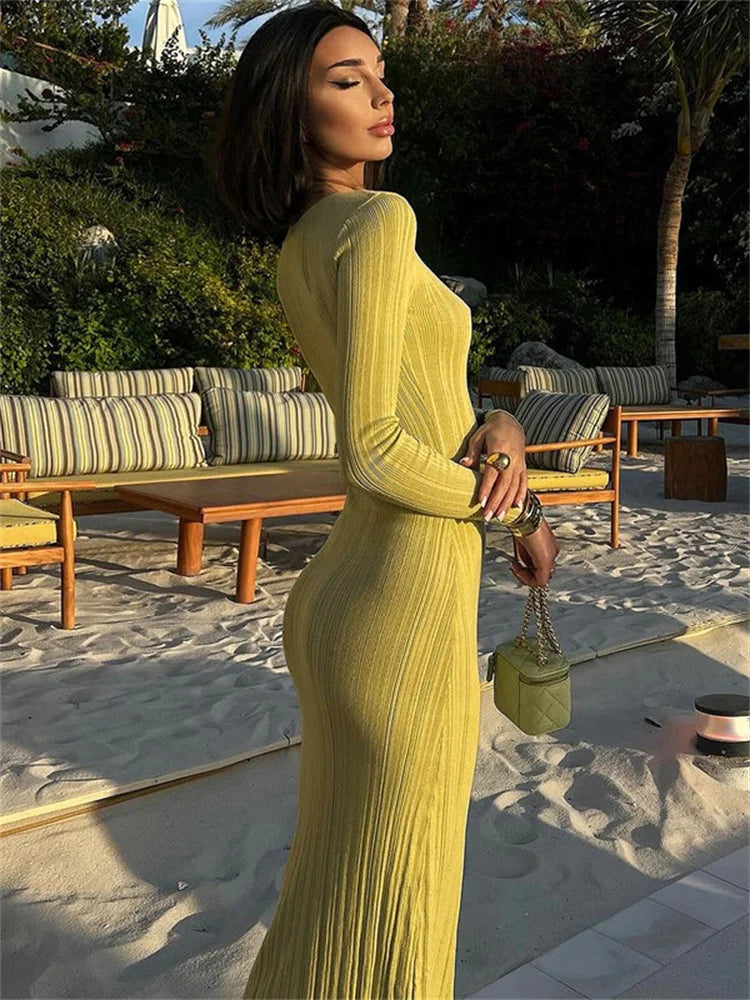 Ribbed Long Sleeve Slim Maxi Dress
