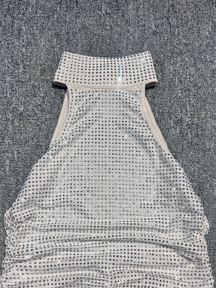 Halter Neck Backless Crystal Fold Long Party Dress