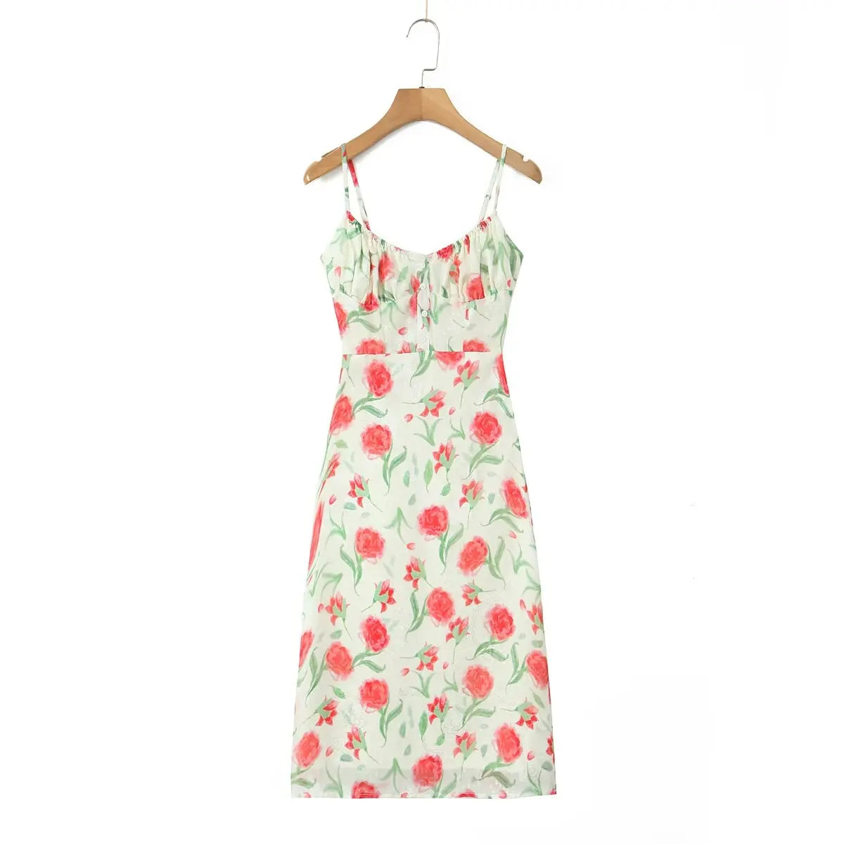 Floral Buttoned Elastic Waist Midi Dress