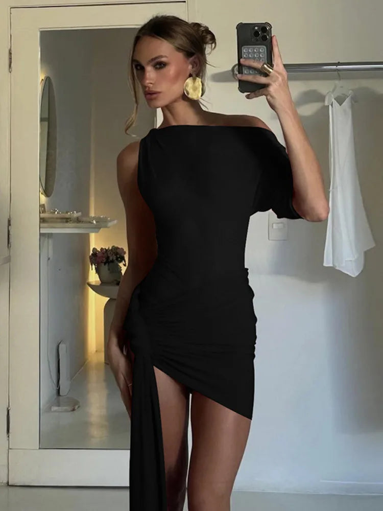 Draped Irregular Oblique Shoulder Mini Dress