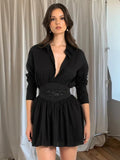 Turn-Down Collar Pleated Mini Party Dress