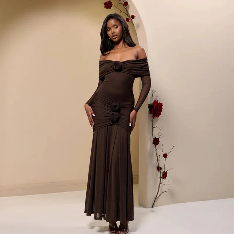 3D Flower Mesh Long Sleeve Fishtail Maxi Dress