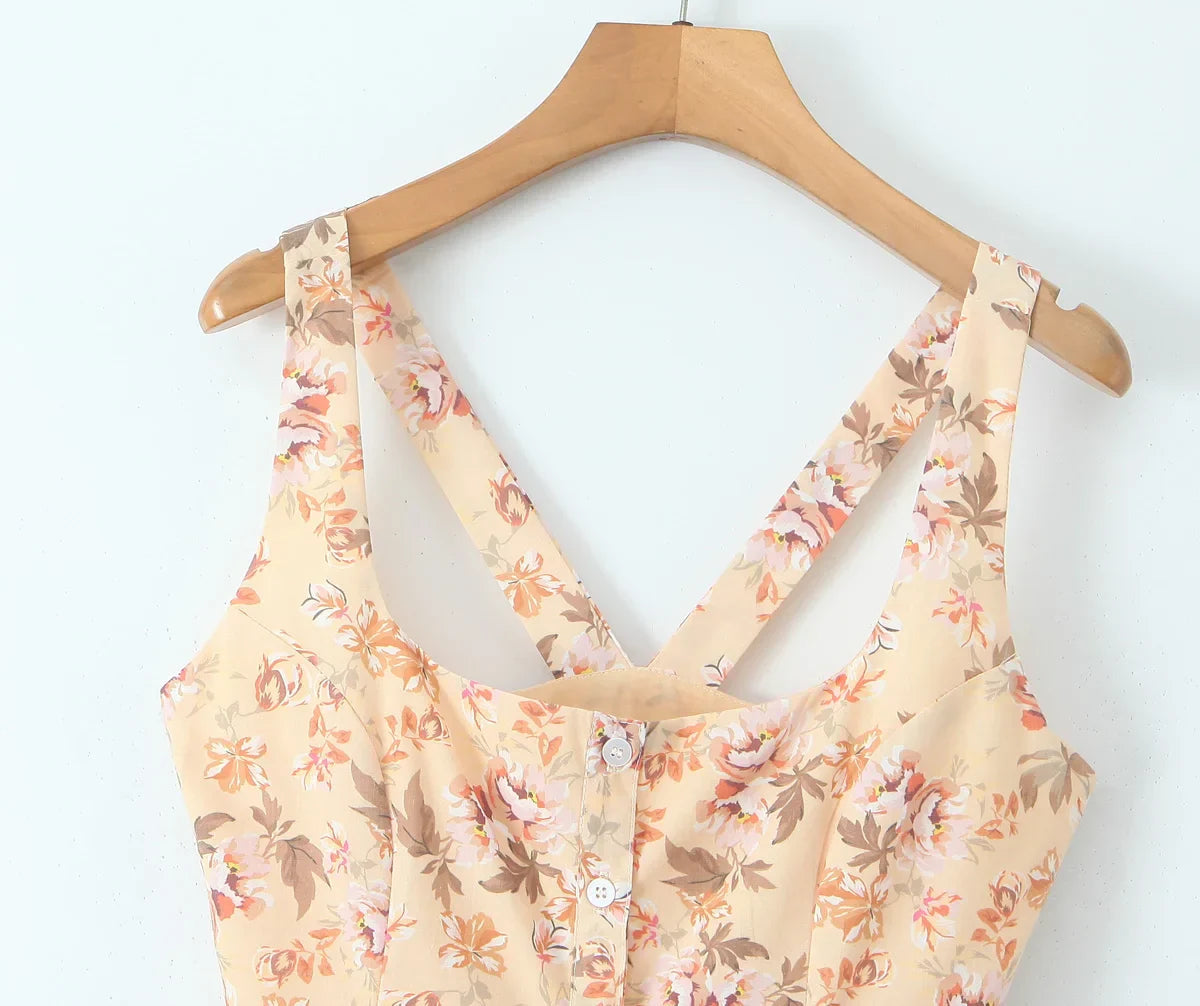 Slash Collar Floral Corset Pleated Midi Dress