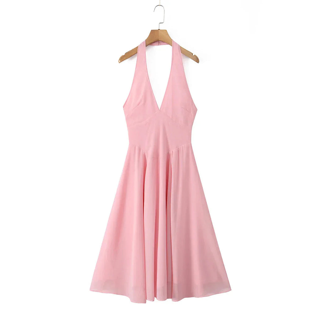 Pink Deep V Halter Sling Midi Dress