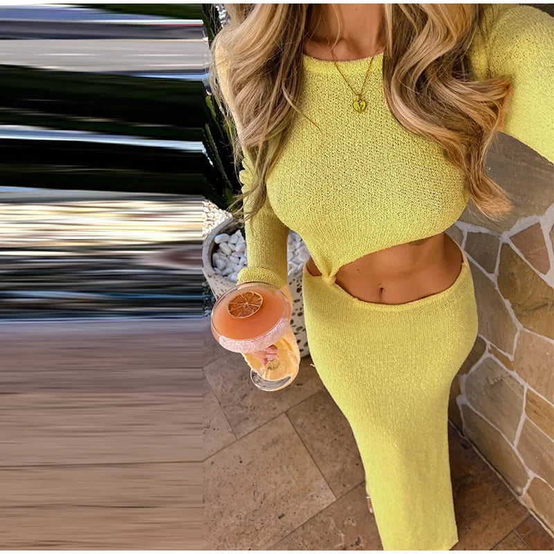 Knitted Hollow O Neck Slit Maxi Dress
