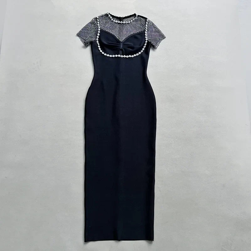 Black Diamante Evening Midi Party Dress