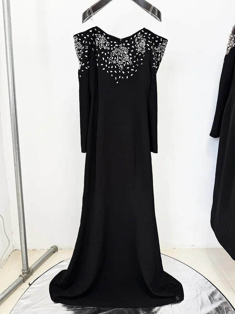Diamond Beaded Slash Neck Off-Shoulder Maxi Dress