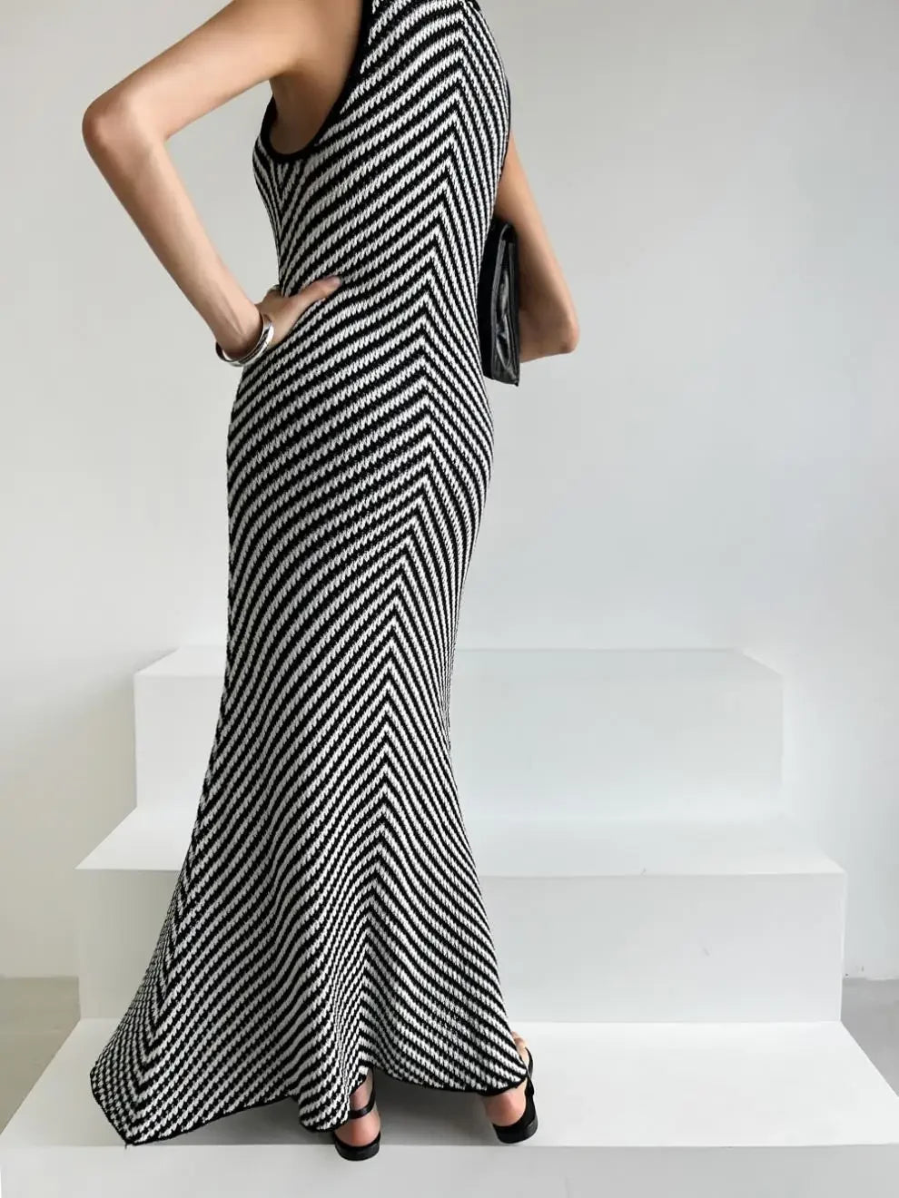 Striped Ribbed Casual Midi Dress