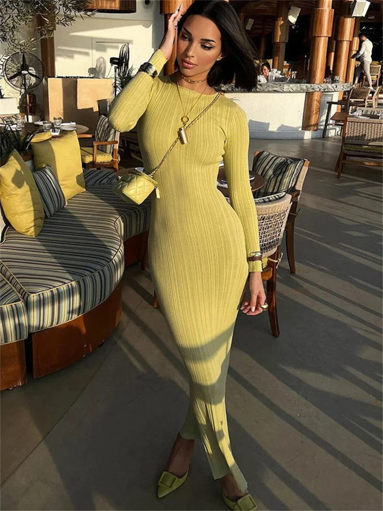 Ribbed Long Sleeve Maxi Party Dress