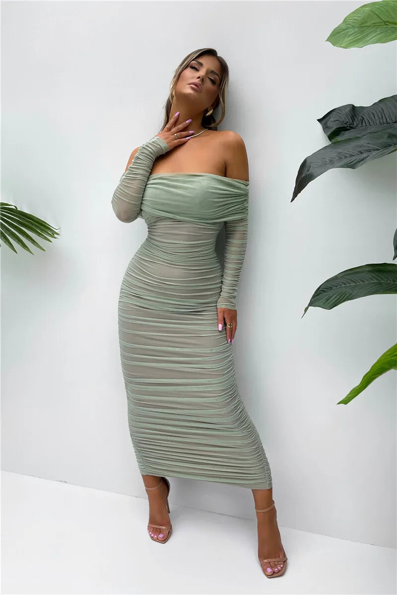 Off Shoulder Slash Neck Solid Maxi Dress