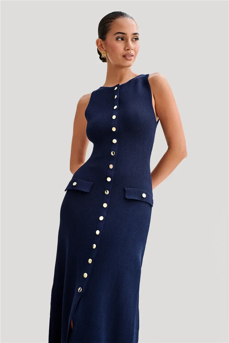 Knit Maxi Dress with Pockets Button Front