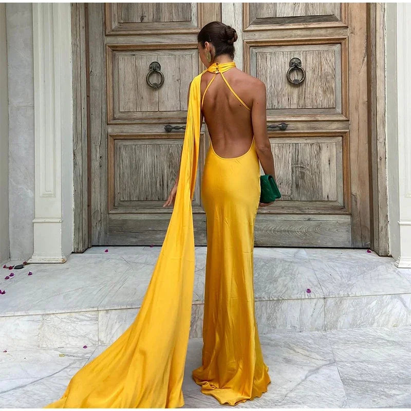 Yellow Satin Backless Lace-Up Off Shoulder Maxi Party Dress