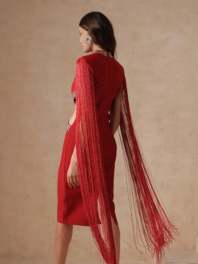 Fringe Tassel Sequin Party Midi Dress