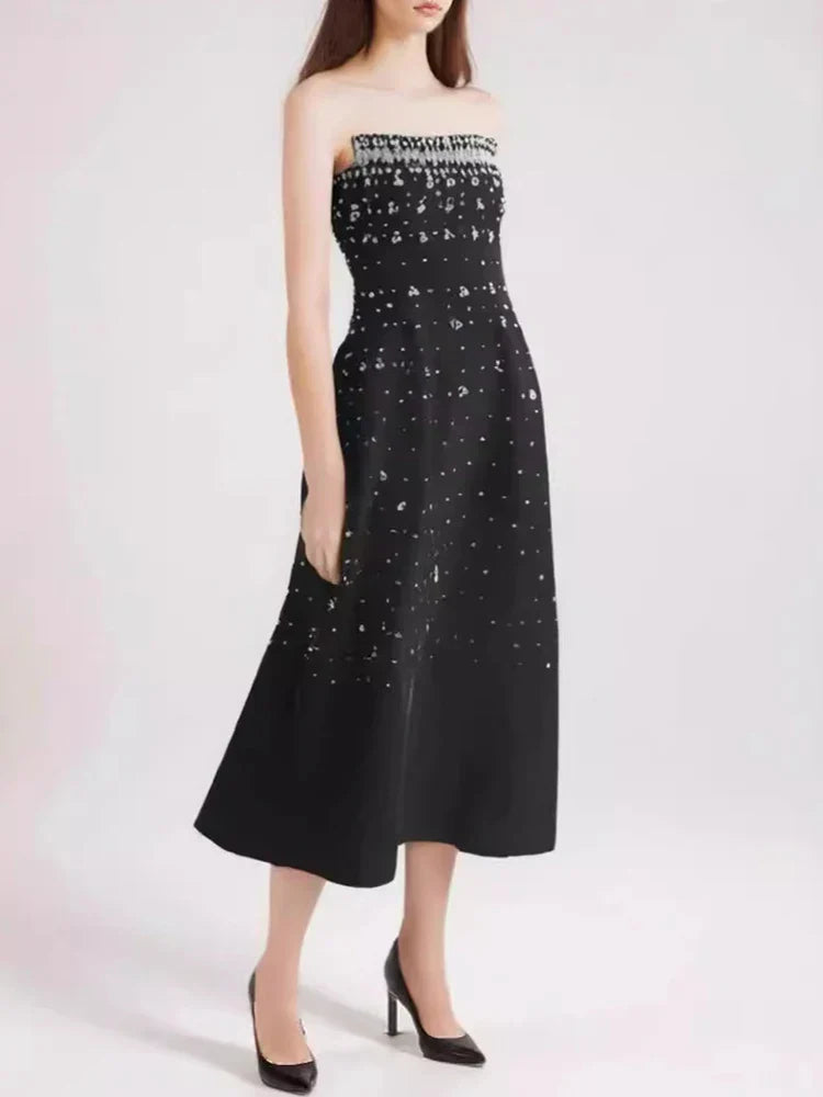 Black Crystal Pearl Diamond Chic Mini Dress