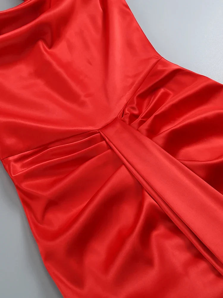 Swing Collar Backless Pleated Red Satin Maxi Dress