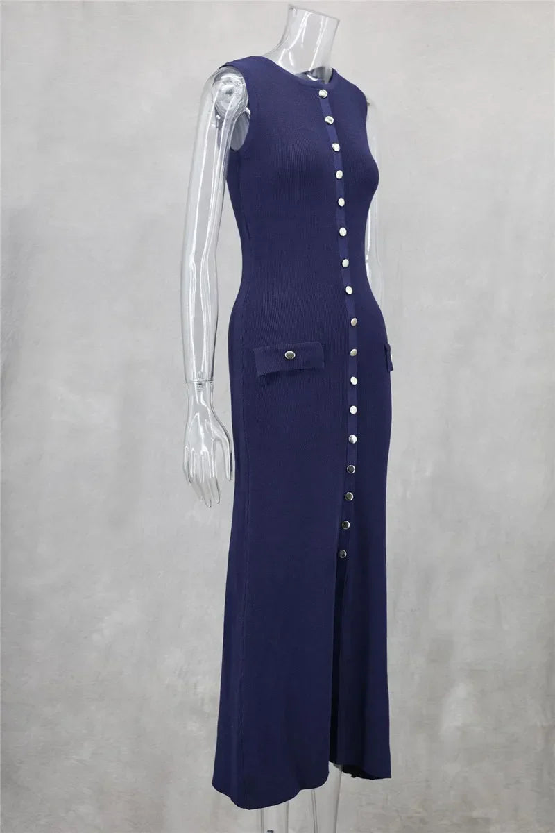 Knit Maxi Dress with Pockets Button Front