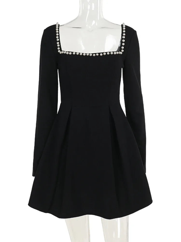 Pearl Square Neck Long Sleeve Mini Party Dress