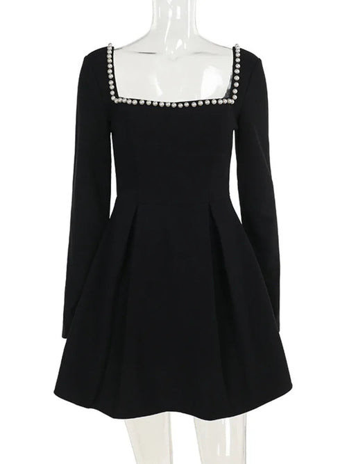 Pearl Square Neck Long Sleeve Mini Party Dress