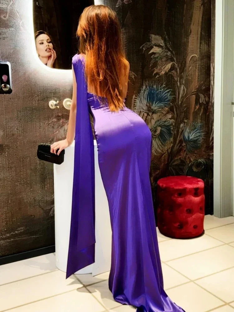 Purple Satin Halter Neck 3D Flower Maxi Dress