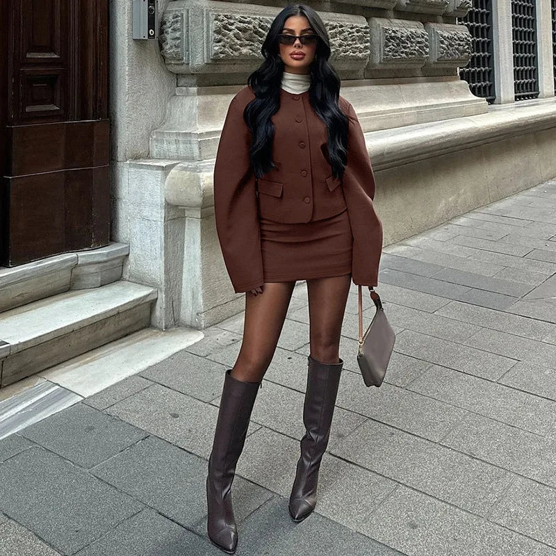 Round Neck Long Sleeve Jacket Suit Mini Dress