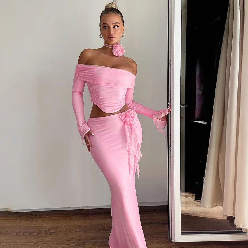 Off Shoulder Crop Top Bodycon Maxi Skirt Set