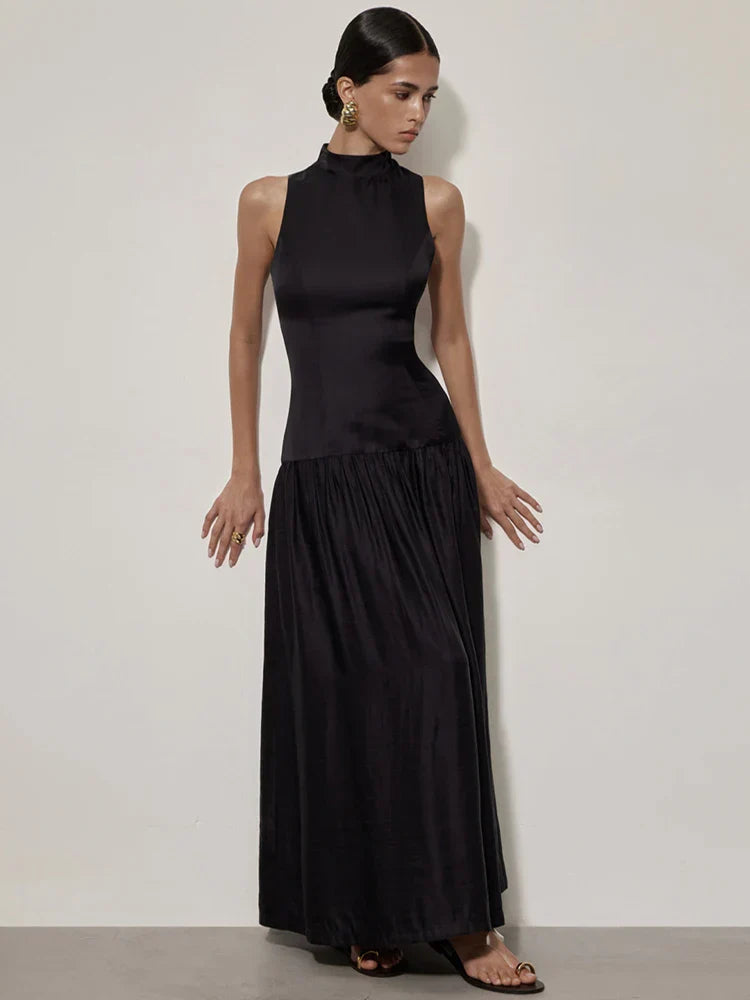 Patchwork Open Back Sleeveless Round Neck Maxi Dress