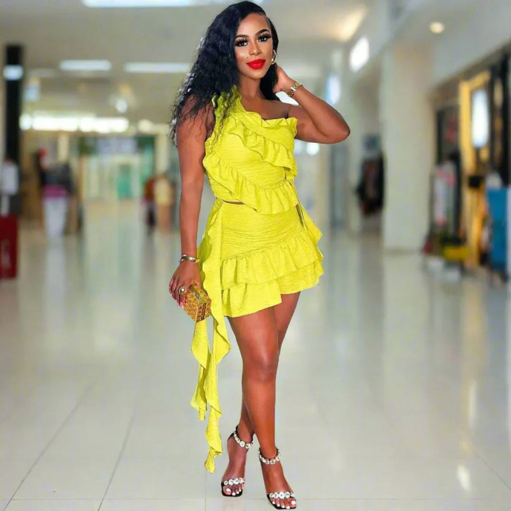 Ruffled Ribbon One Shoulder Crop Mini Dress