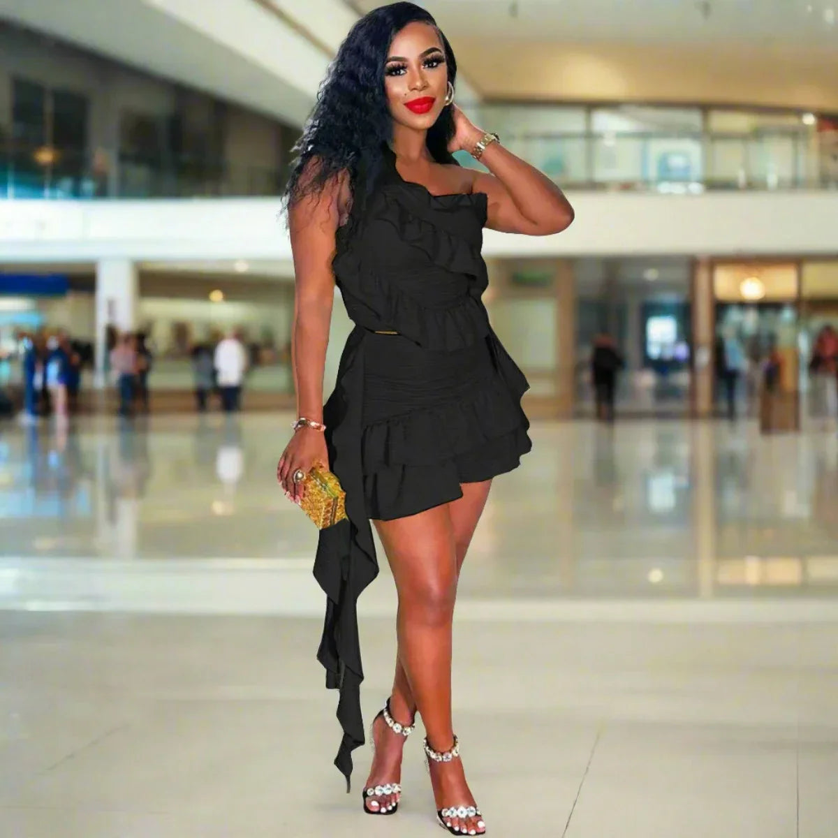 Ruffled Ribbon One Shoulder Crop Mini Dress