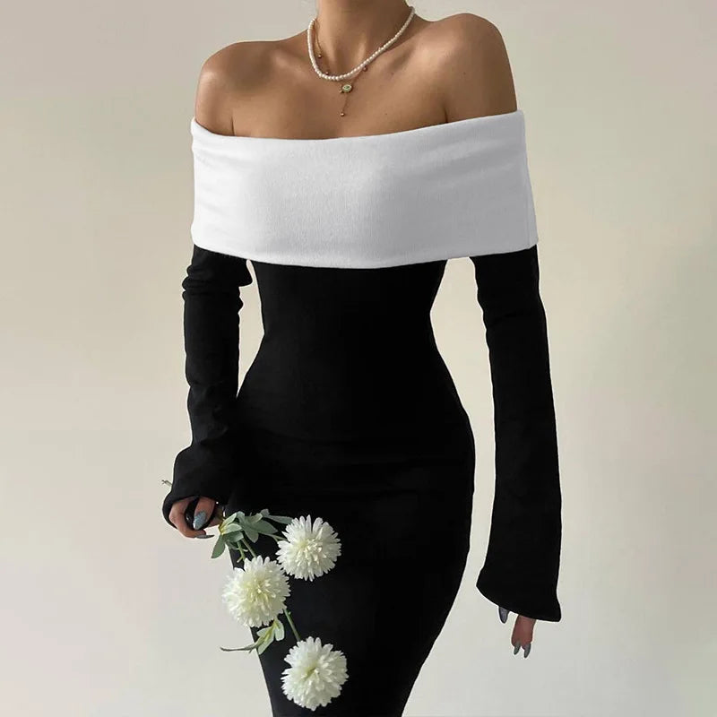 Black White Off Shoulder Long Sleeve Maxi Dress