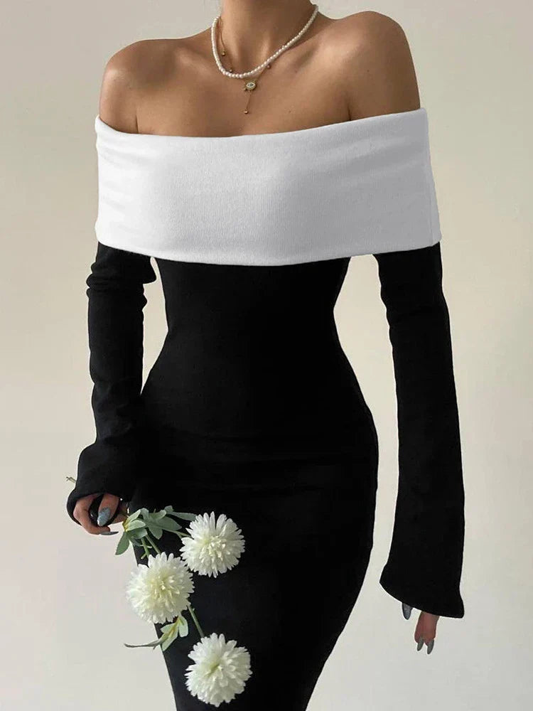 Black White Off Shoulder Long Sleeve Maxi Party Dress