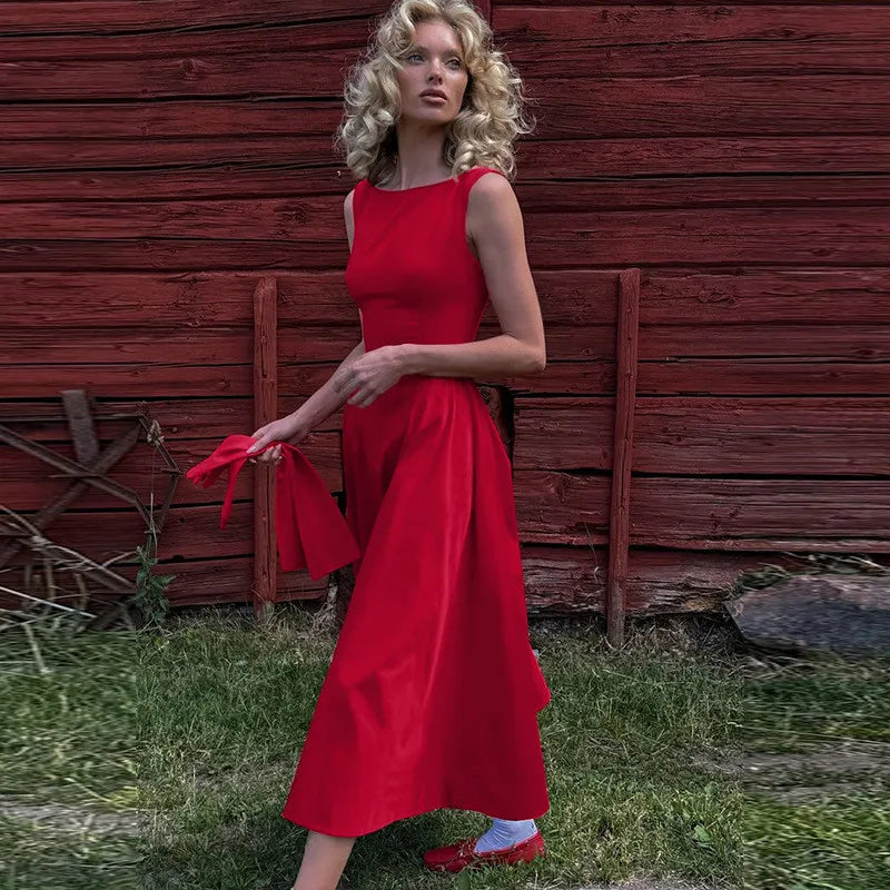 Straight Neck Flared Sleeveless Midi Dress