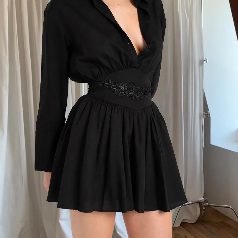 Pleated Turn Down Collar Chic Mini Dress