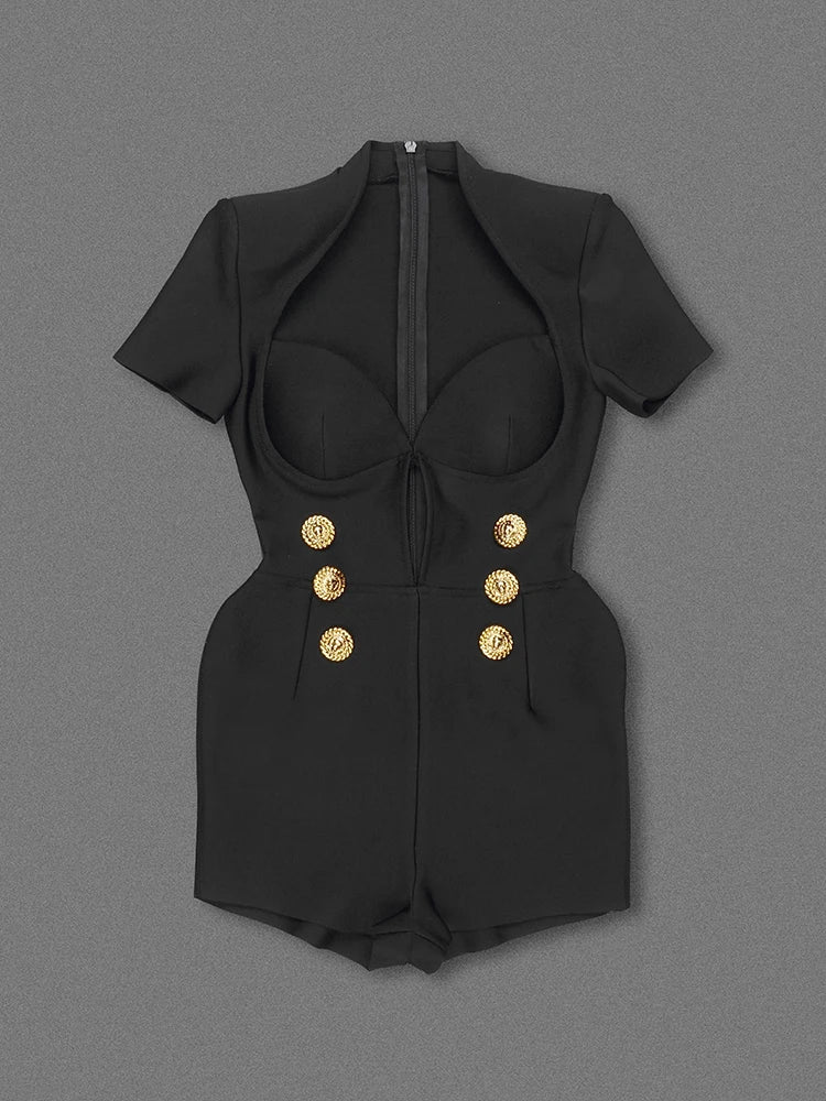 Short Sleeve Gold Button Black Jumpsuit Party Dress