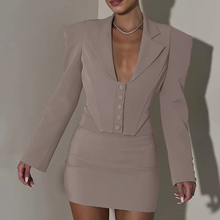 Khaki Turn Down Collar Blazer Suit Mini Dress