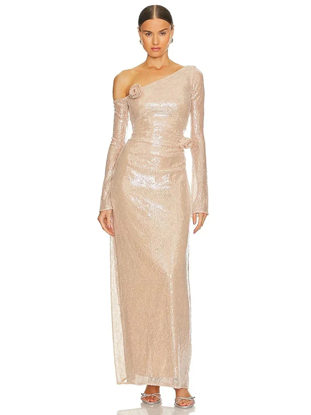 Mesh Sequin 3D Flower Long Sleeve Bodycon Maxi Dress