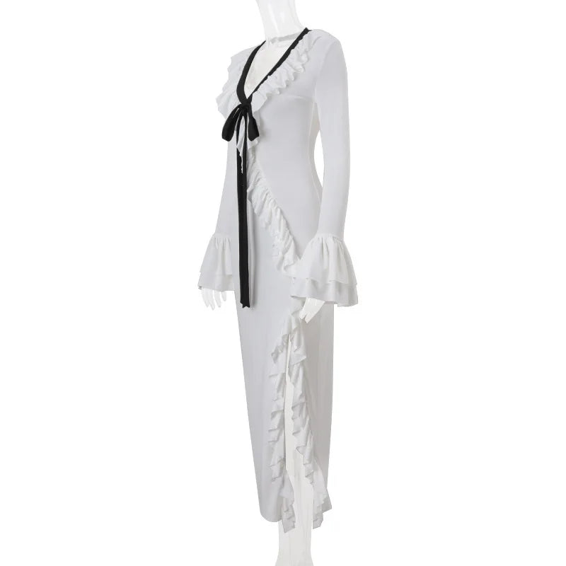 Long Sleeve Ruffled Slit Chic Maxi Dress