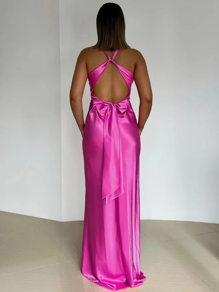 V-Neck Sleeveless Satin Bow Backless Maxi Dress