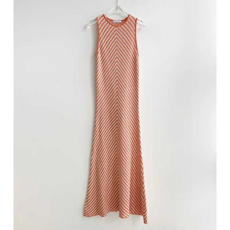 Striped Ribbed Casual Midi Dress