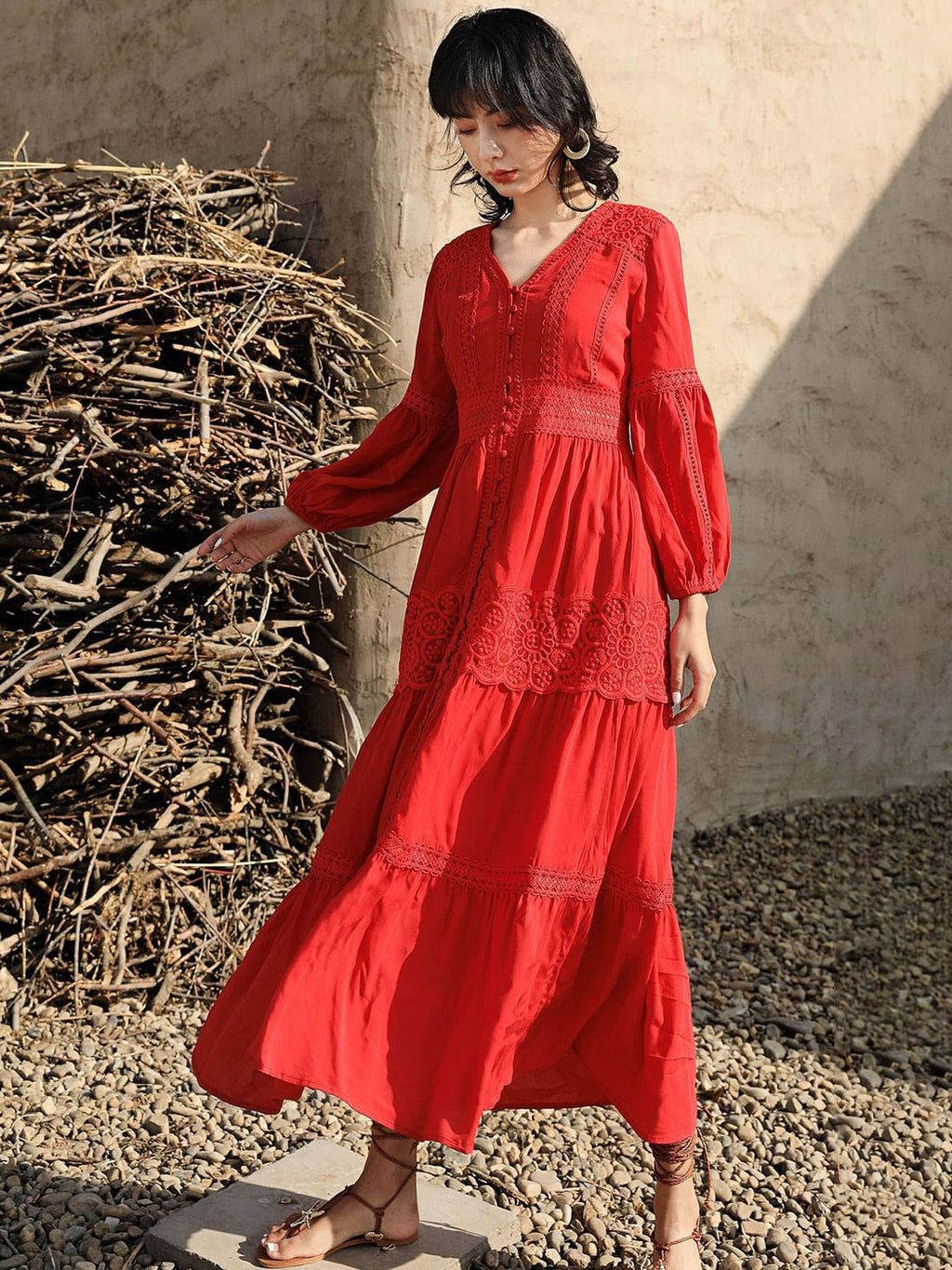 Cotton Patchwork Lace Lantern Sleeve Maxi Dress