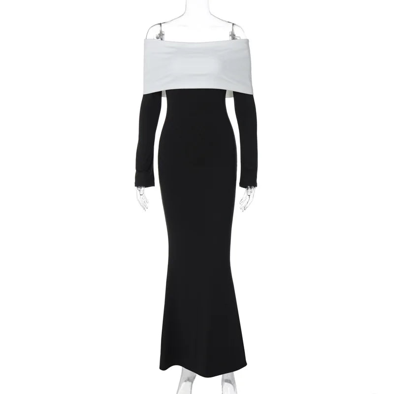 Black White Off Shoulder Long Sleeve Maxi Party Dress