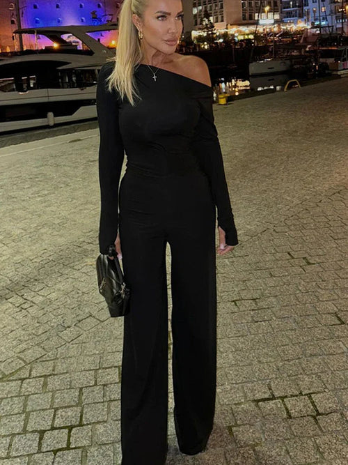 One Shoulder Flare Sleeve Top Pant Suit Party Dress