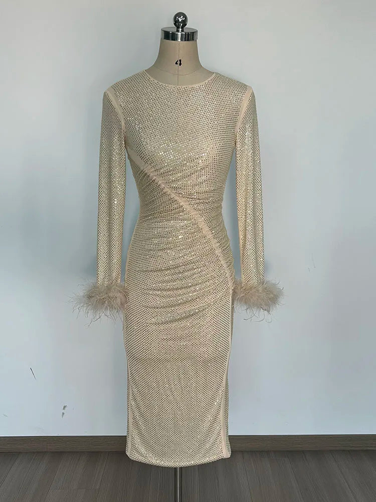 Feather Rhinestone Folded Midi Dress