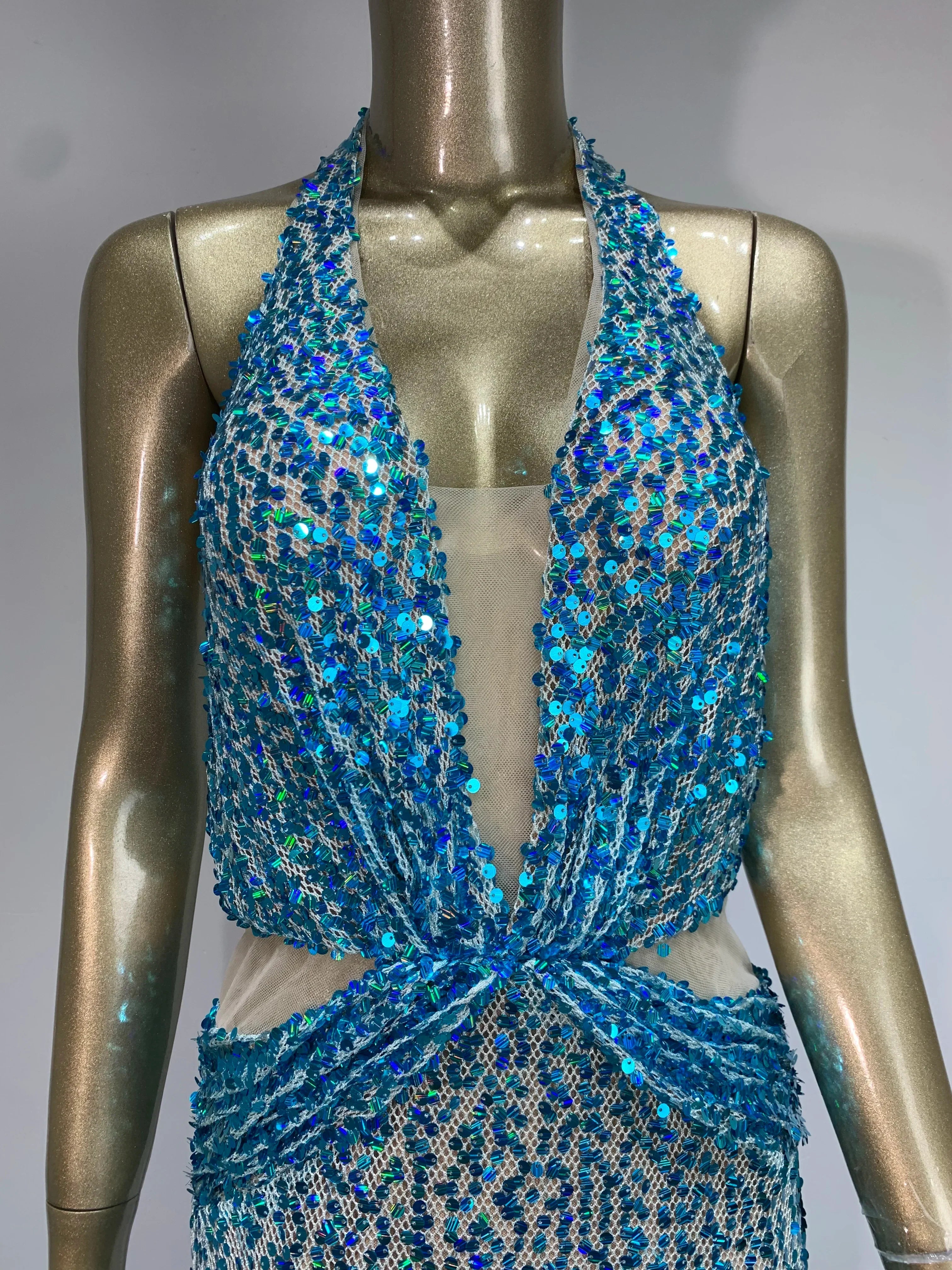 Halter Blue Sequined Glitter Maxi Party Dress