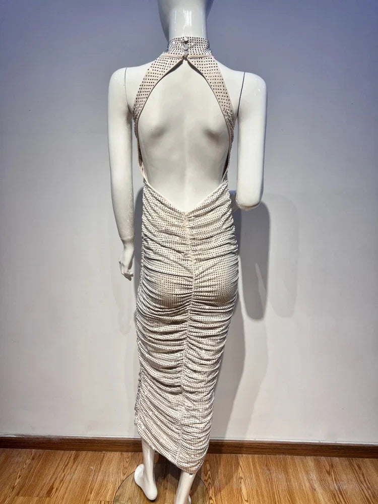 Halter Neck Backless Crystal Fold Long Party Dress