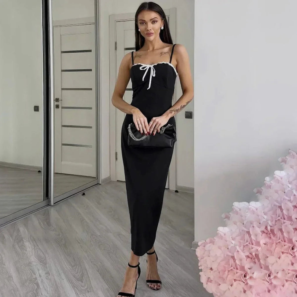 Open Back Lace Patchwork Black Strap Maxi Dress